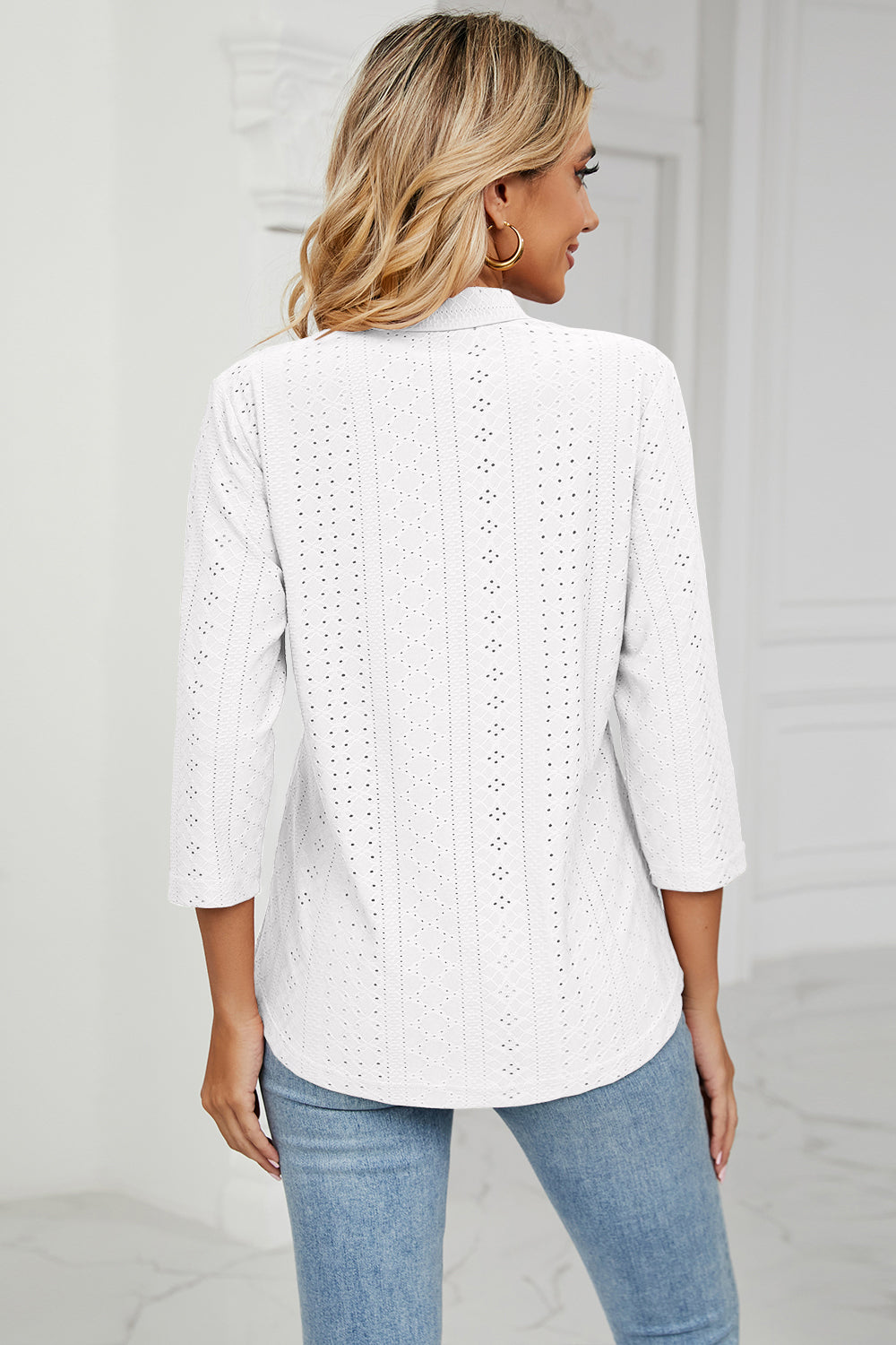 Eyelet Three-Quarter Sleeve Blouse