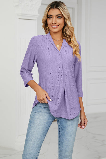 Eyelet Three-Quarter Sleeve Blouse