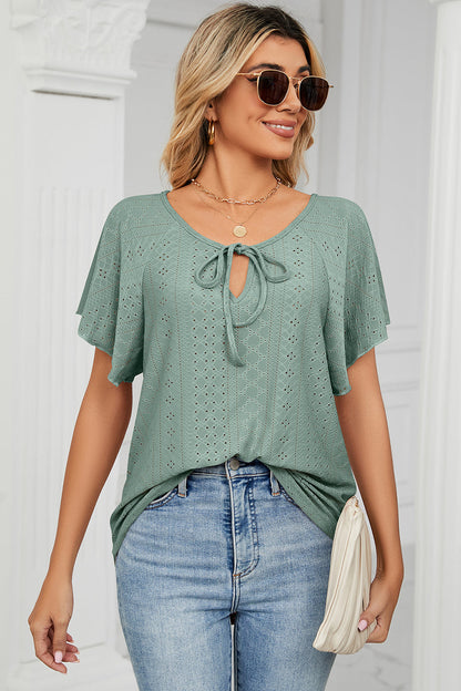 Eyelet Tie Neck Flutter Sleeve Blouse