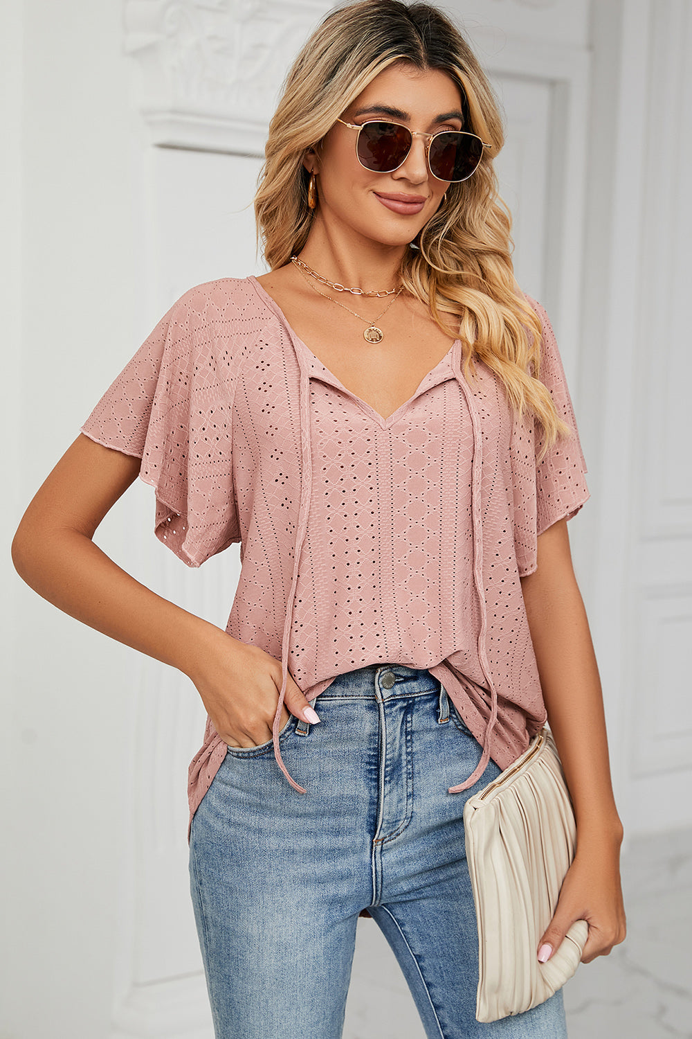 Eyelet Tie Neck Flutter Sleeve Blouse