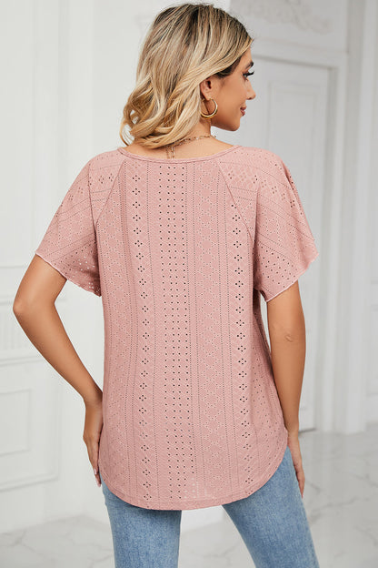 Eyelet Tie Neck Flutter Sleeve Blouse