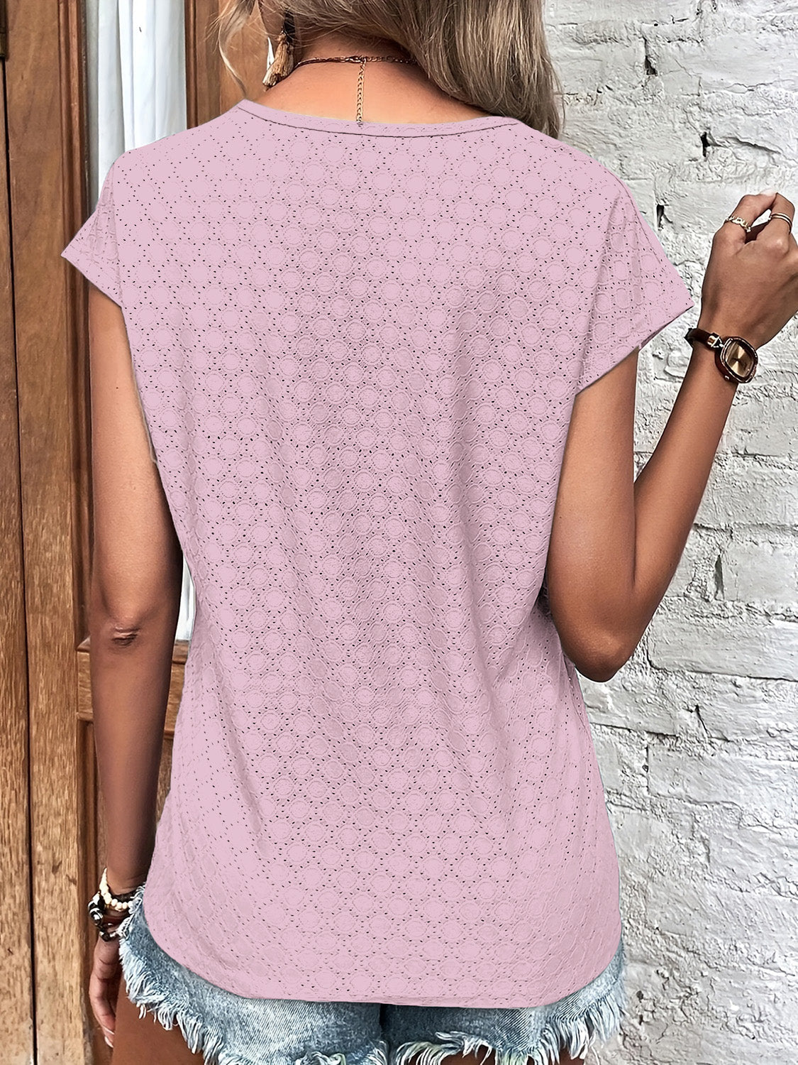 Eyelet V-Neck Cap Sleeve Blouse