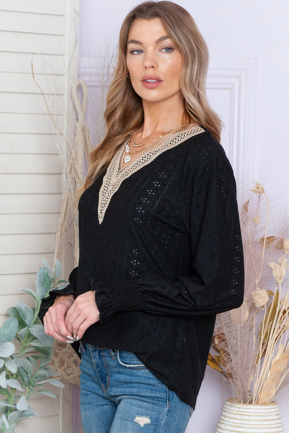 Eyelet V-Neck Flounce Sleeve Blouse