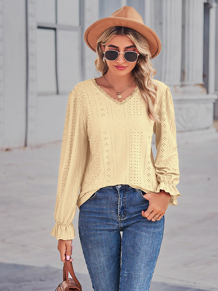 Eyelet V-Neck Flounce Sleeve Blouse