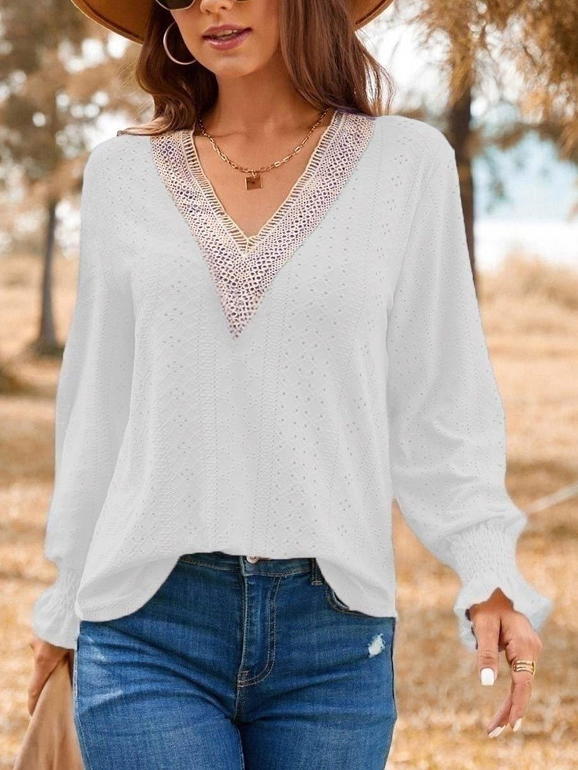 Eyelet V-Neck Flounce Sleeve Top