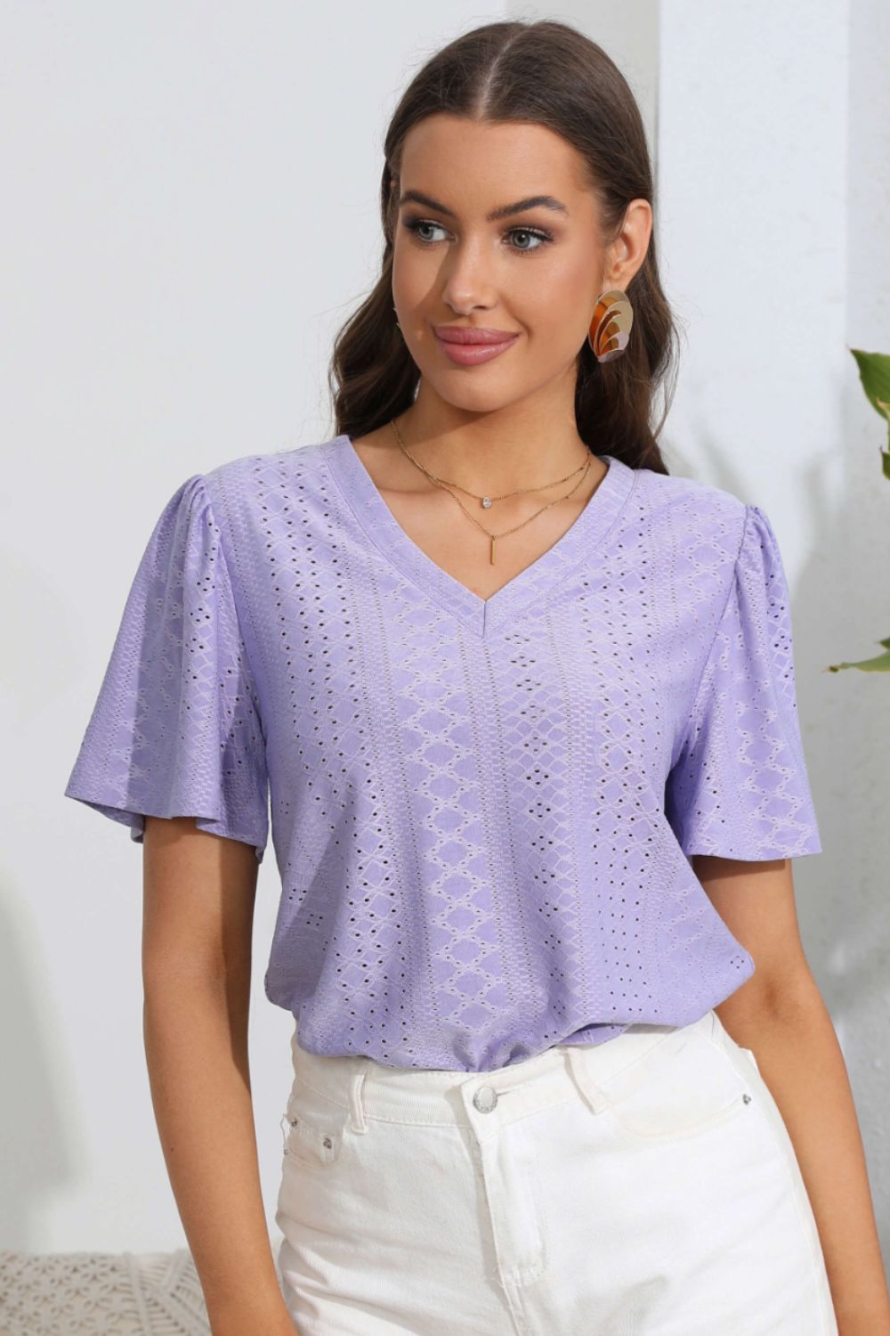 Eyelet V-Neck Flutter Sleeve Top