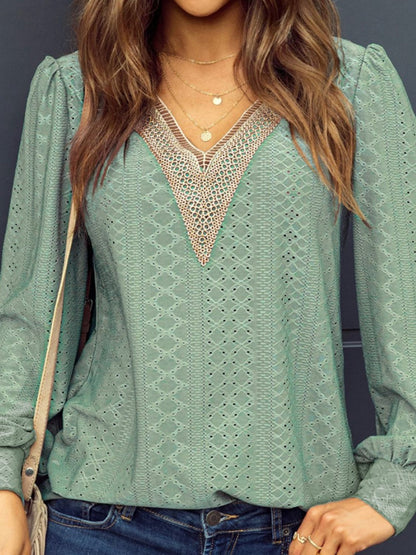 Eyelet V-Neck Long Sleeve Blouse