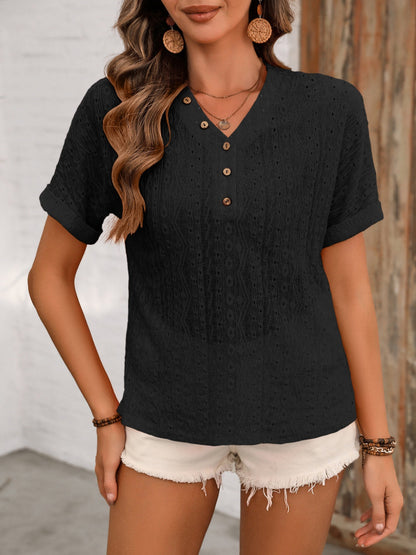 Eyelet V-Neck Short Sleeve Top