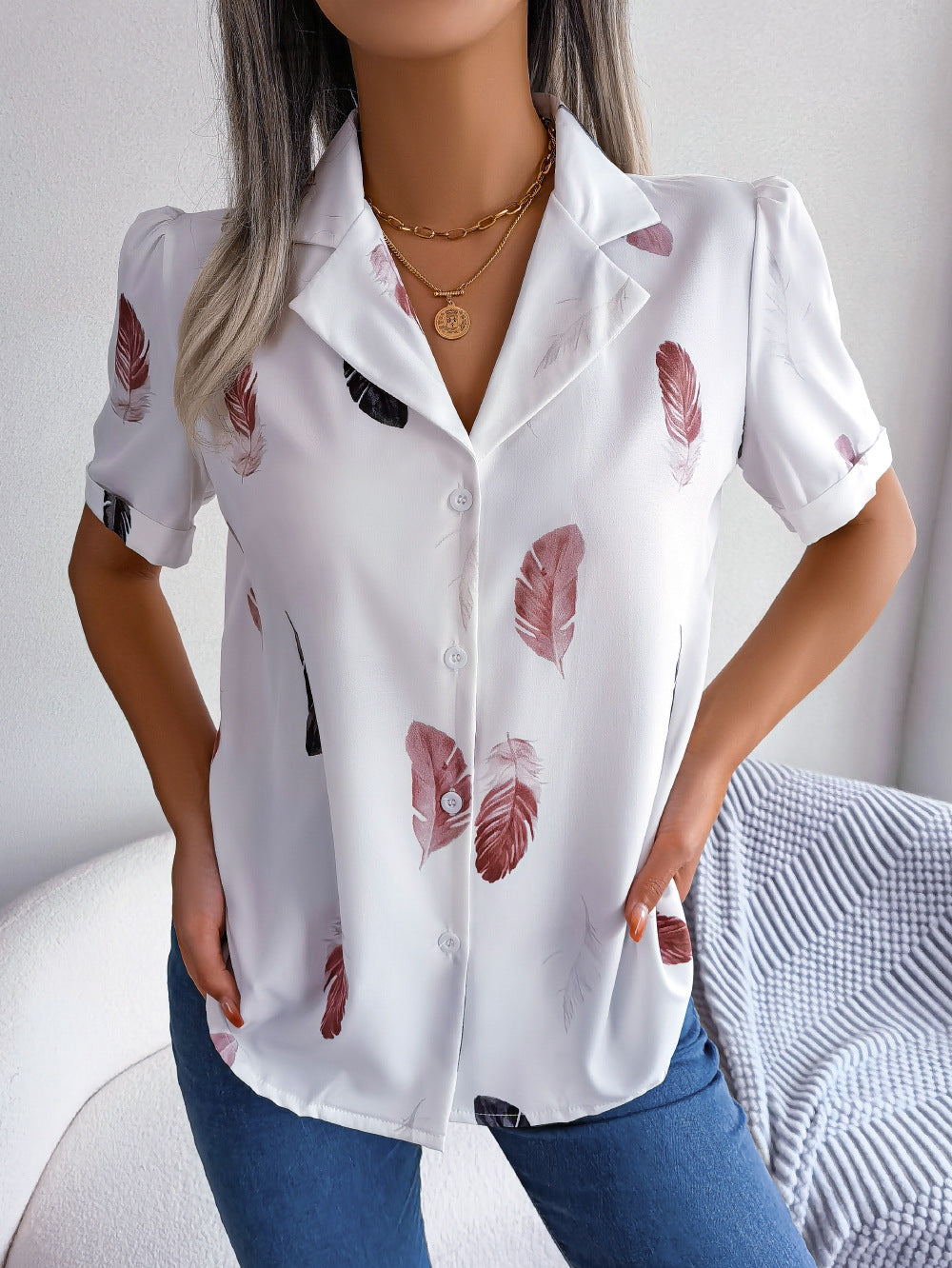 Feather Print Lapel Collar Puff Sleeve Shirt