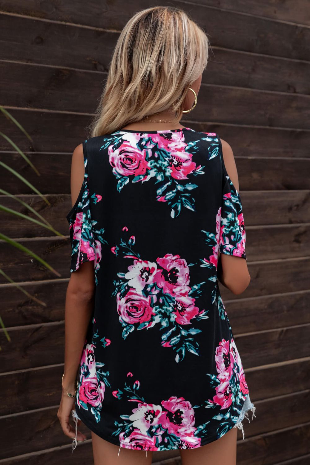 Floral Cold-Shoulder Round Neck Top