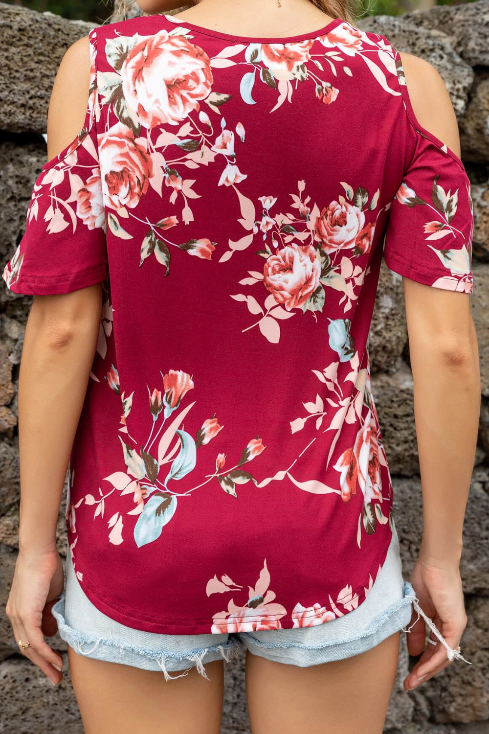 Floral Cold-Shoulder Round Neck Top