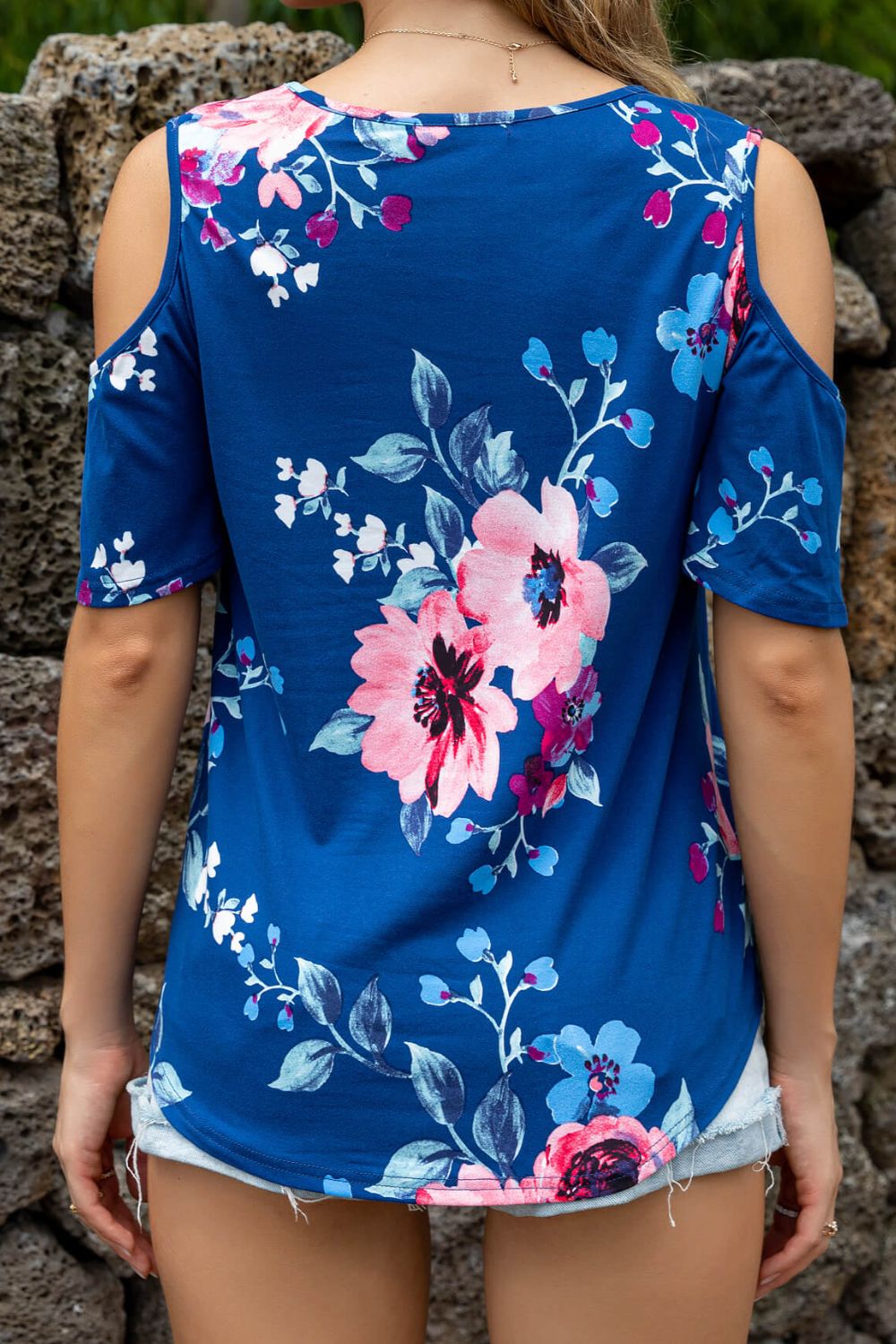 Floral Cold-Shoulder Round Neck Top