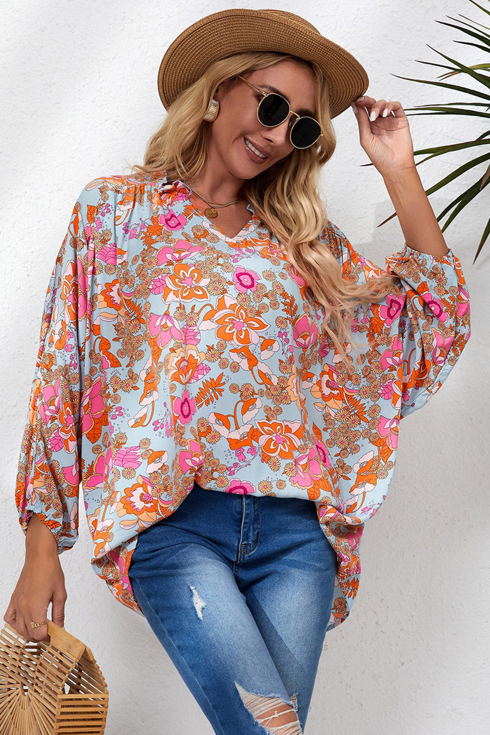 Floral Frill Trim Balloon Sleeve Blouse