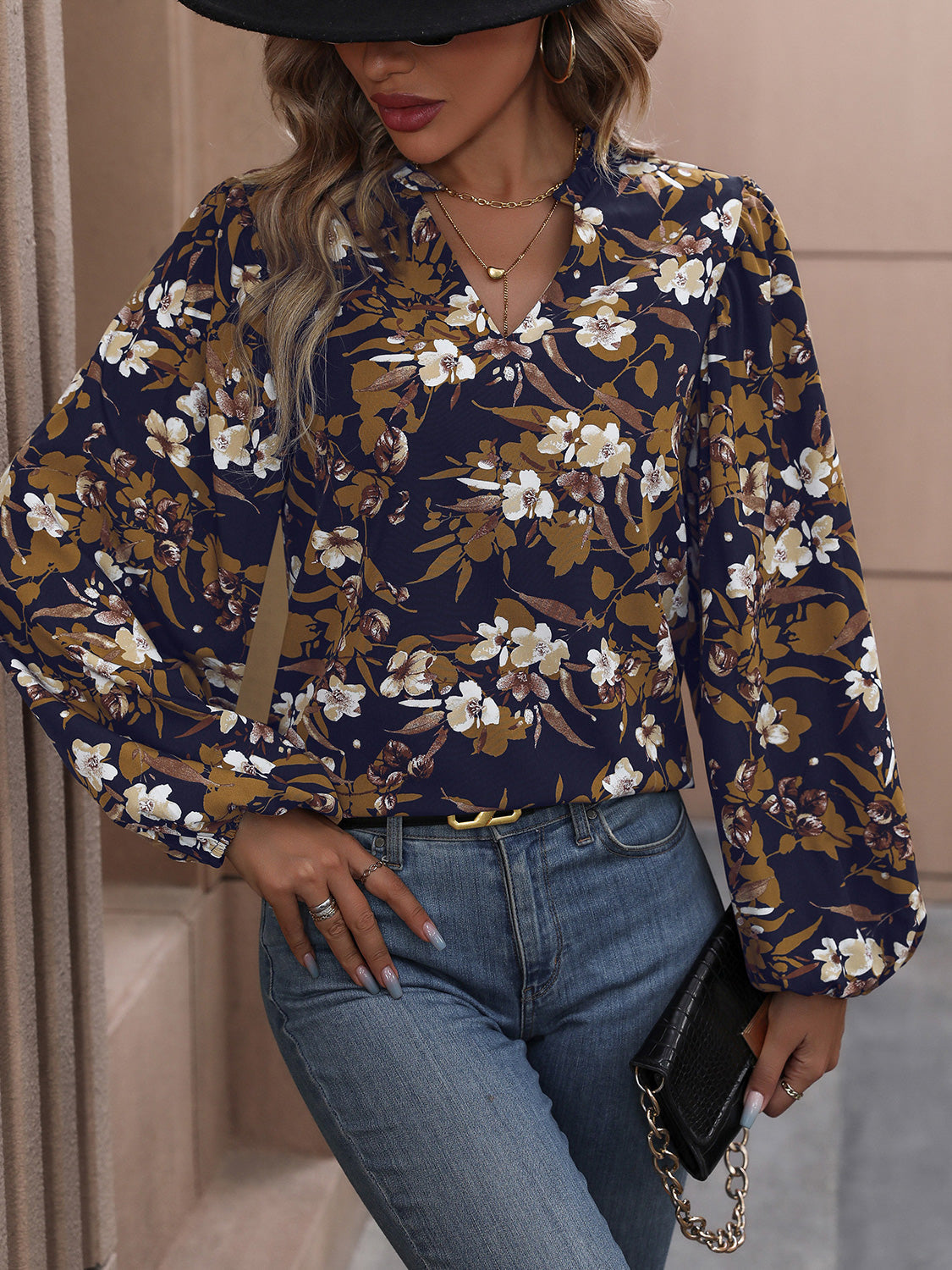 Floral Notched Balloon Sleeve Blouse