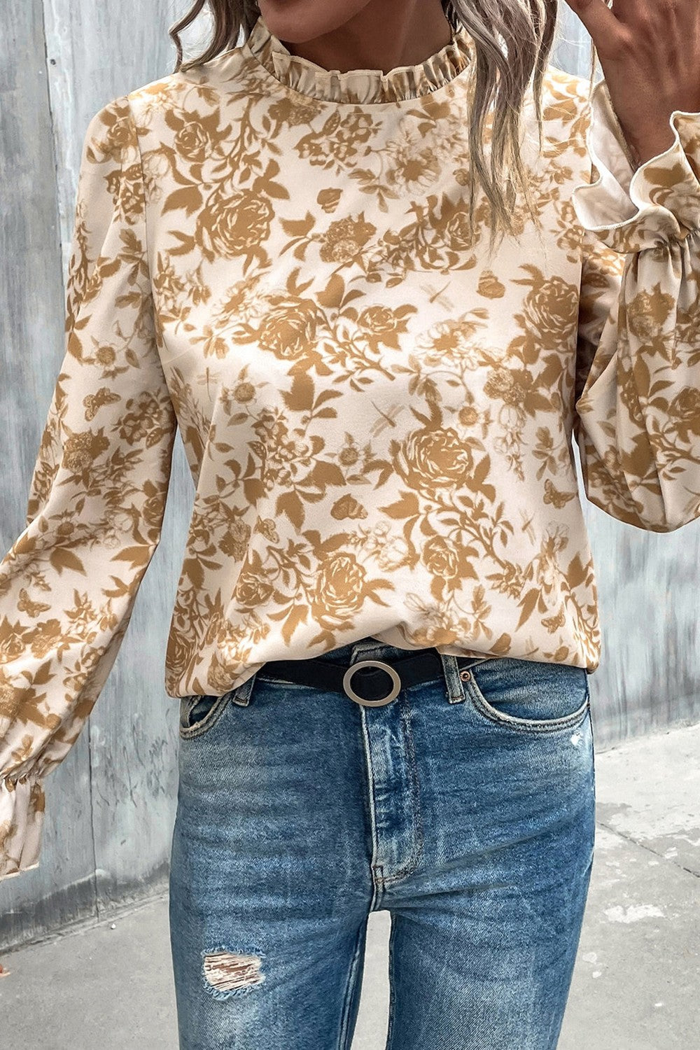 Floral Print Mock Neck Flounce Sleeve Blouse