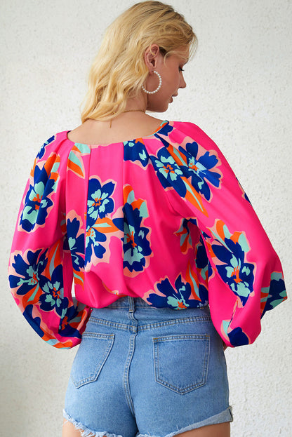 Floral Print V-Neck Lantern Sleeve Blouse