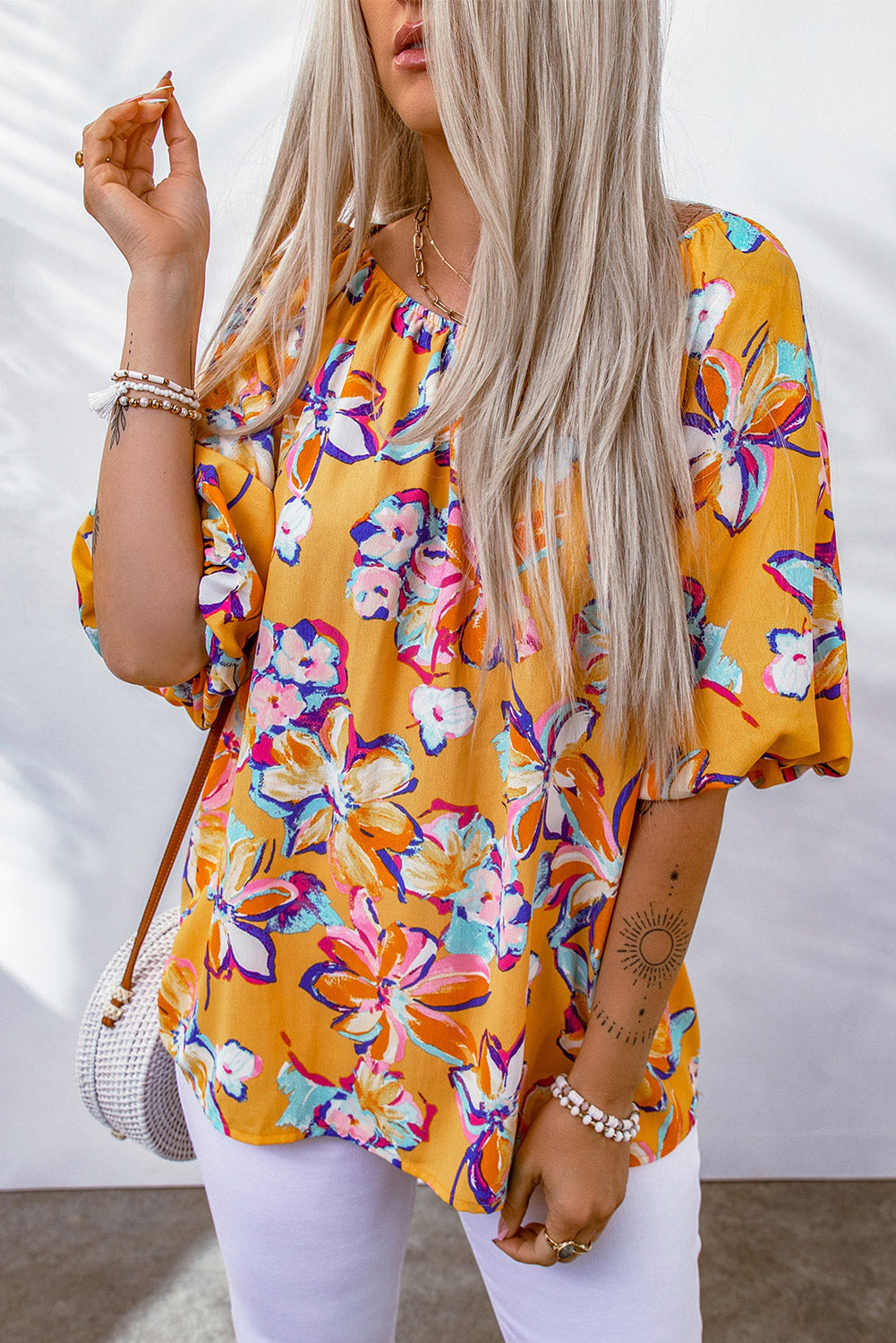 Floral Puff Sleeve Boat Neck Blouse