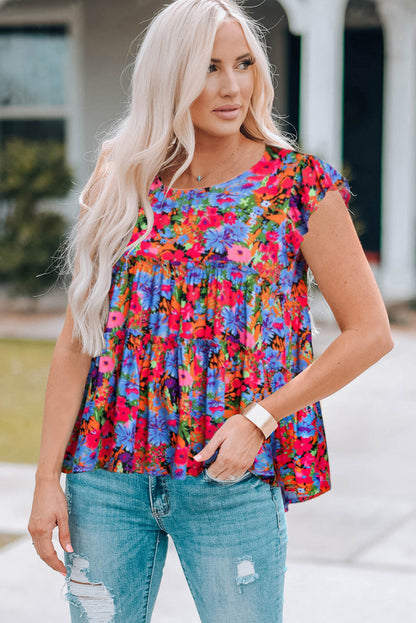 Floral Round Neck Frill Trim Blouse