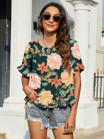 Floral Ruffled Flounce Sleeve Blouse