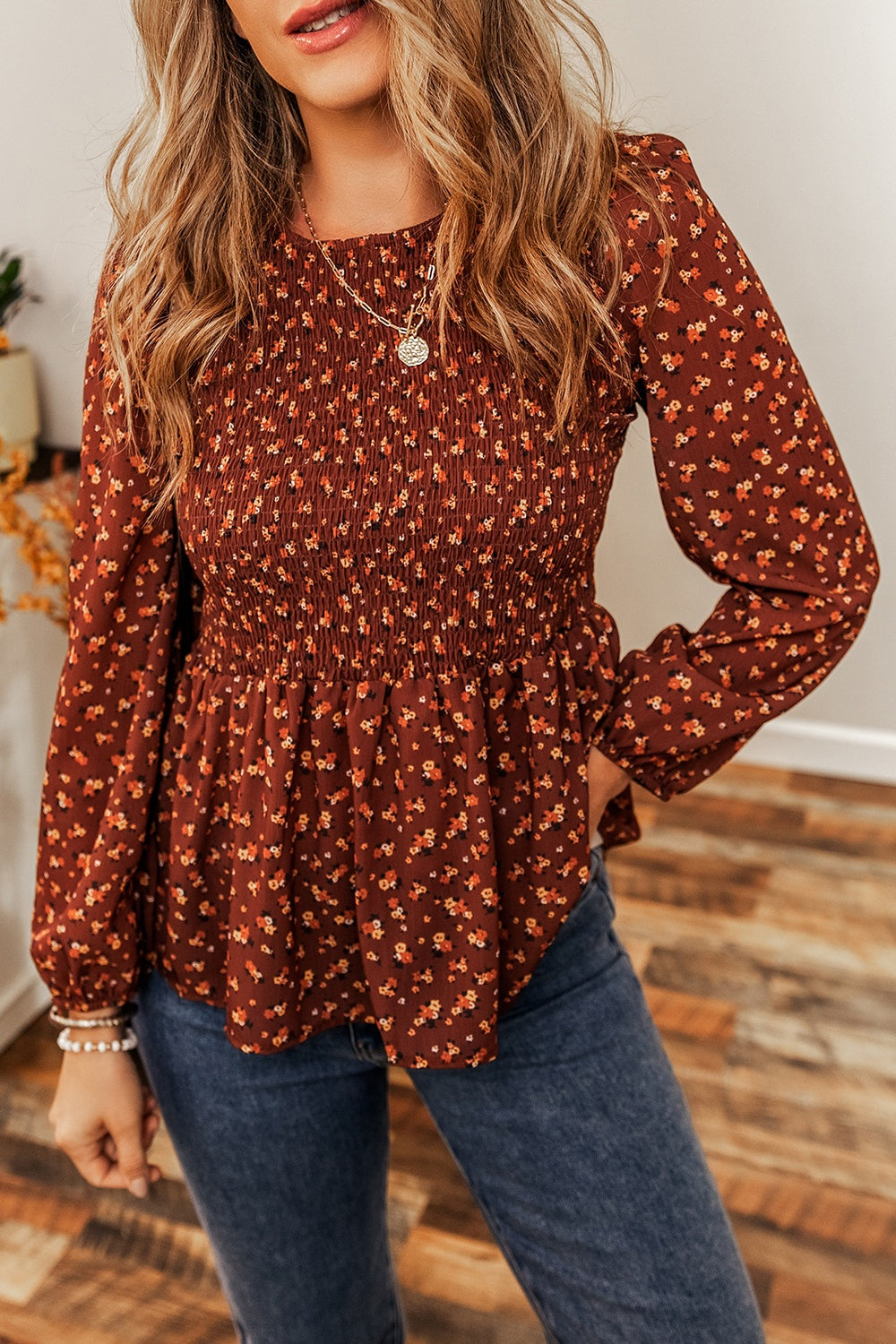 Floral Smocked Ruffle Hem Long Sleeve Blouse