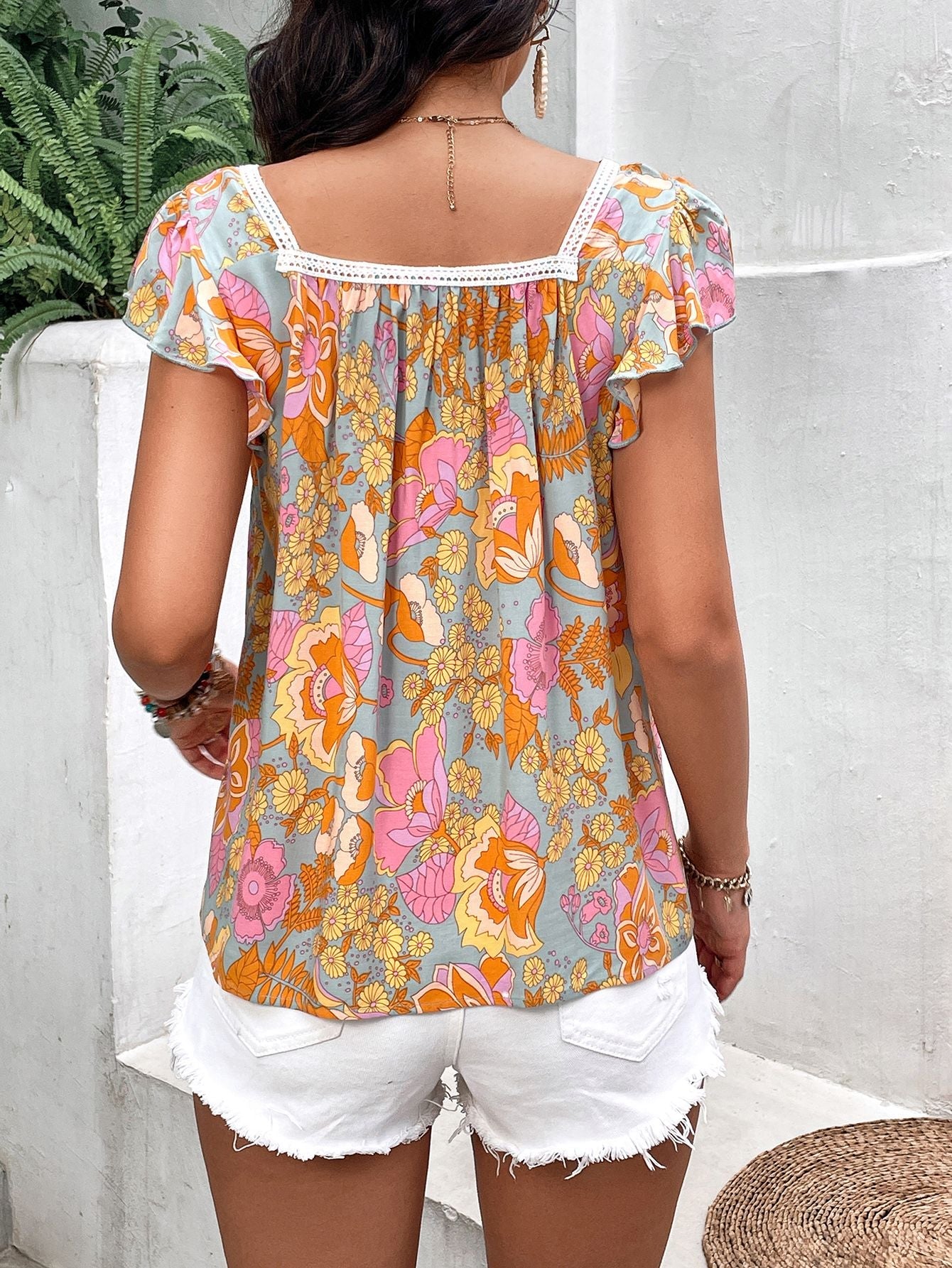 Floral Square Neck Flutter Sleeve Blouse