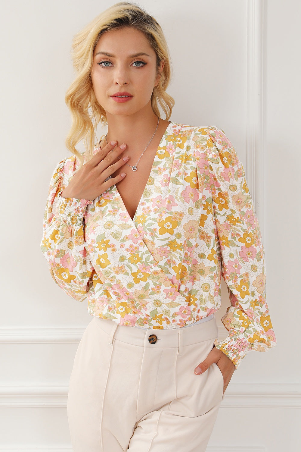 Floral Surplice Lantern Sleeve Bodysuit