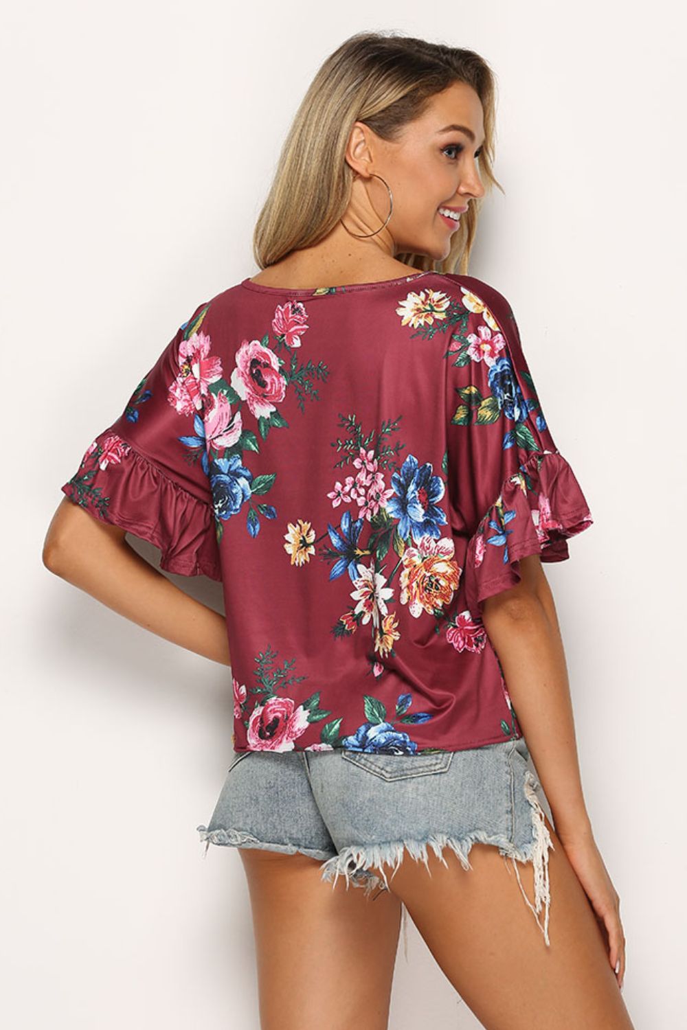 Floral Tie Hem Flounce Sleeve Top