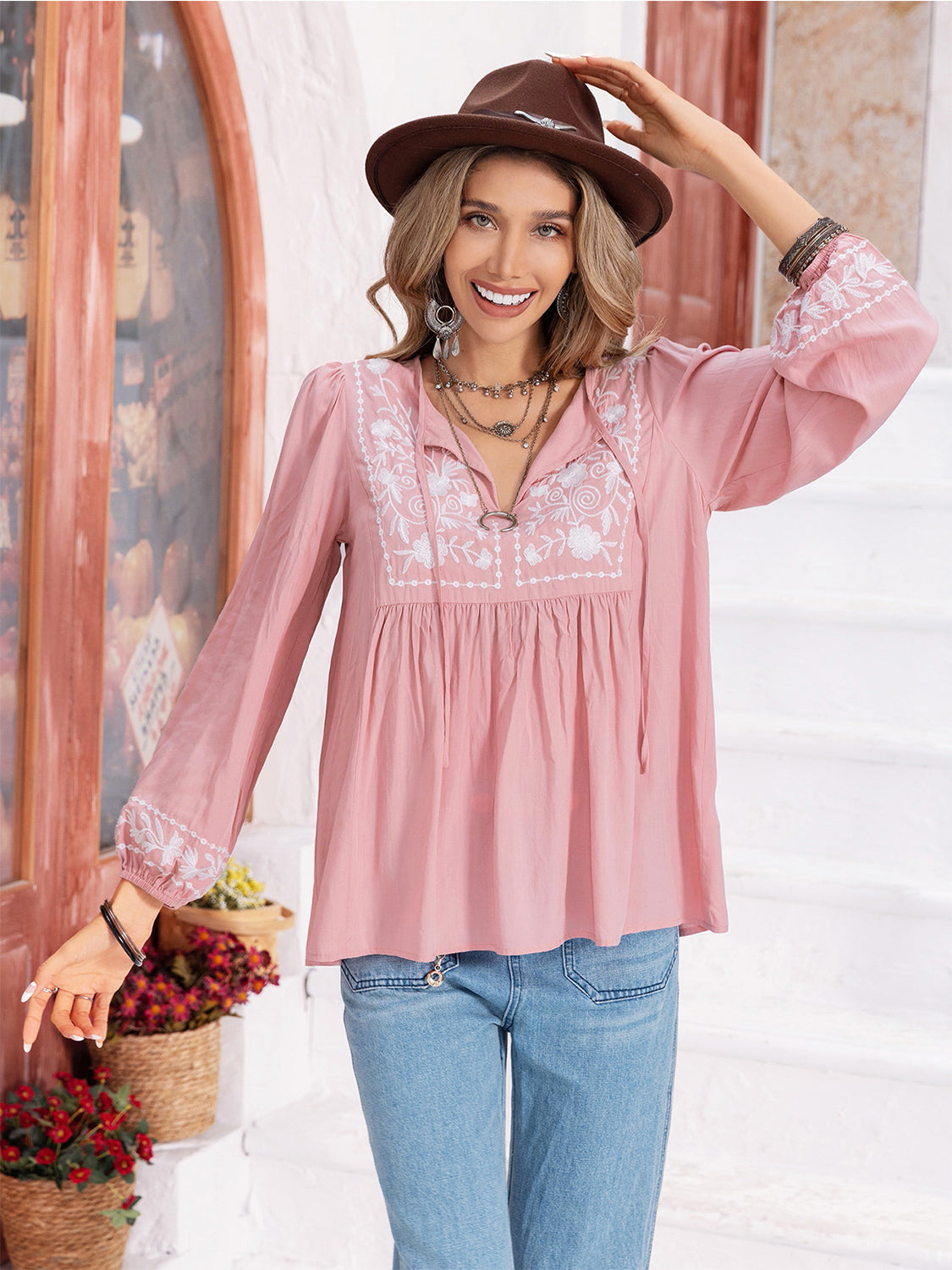 Floral Tie Neck Balloon Sleeve Blouse