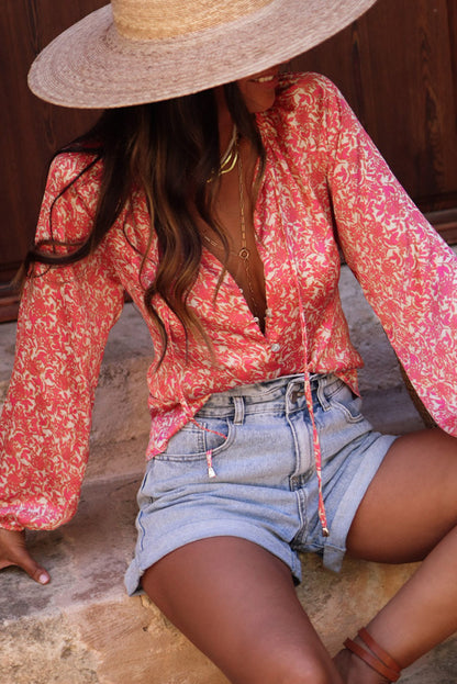 Floral Tie Neck Balloon Sleeve Shirt