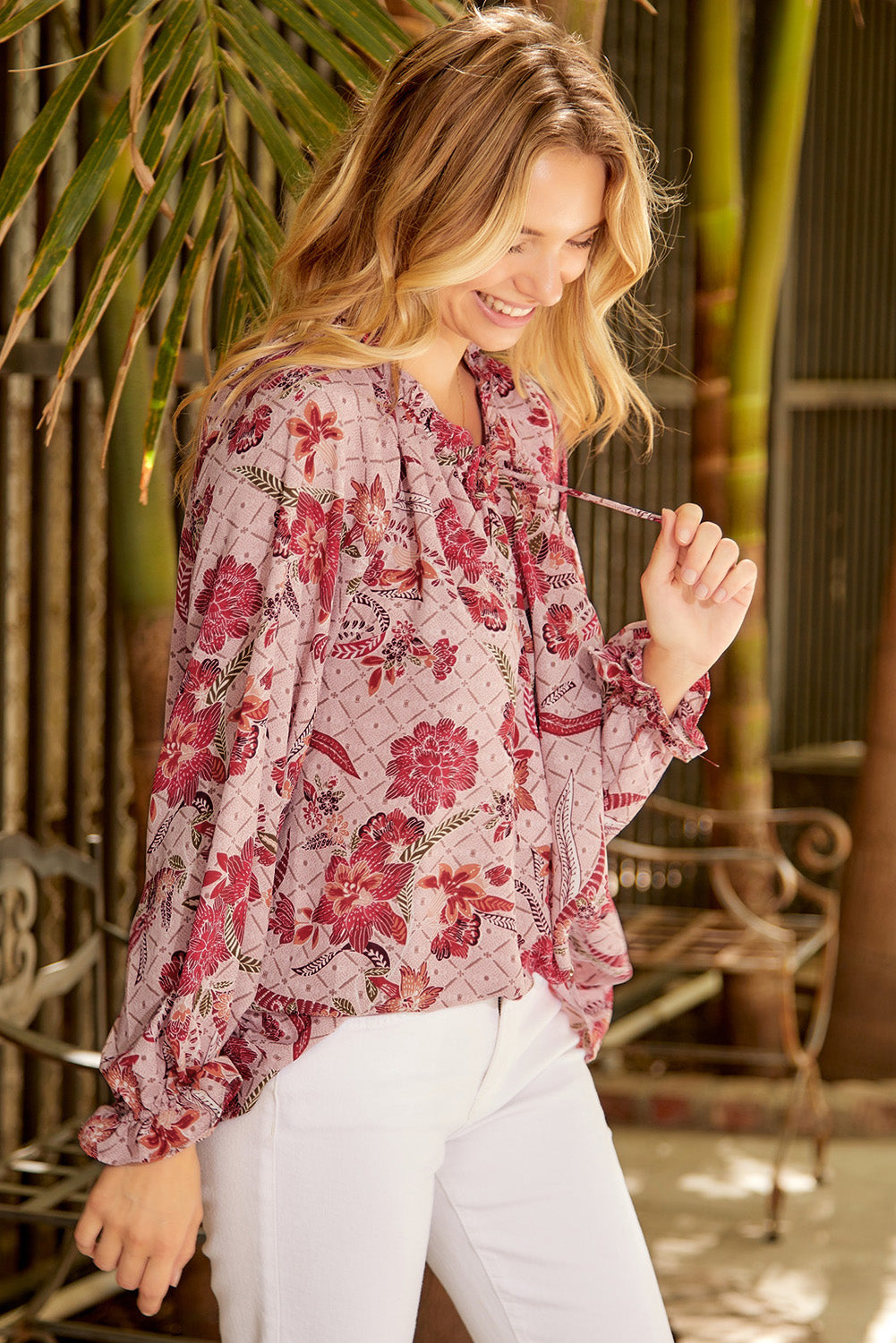 Floral Tie Neck Flounce Sleeve Blouse