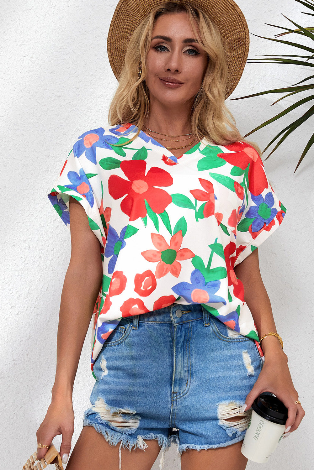 Floral V-Neck Short Sleeve Top