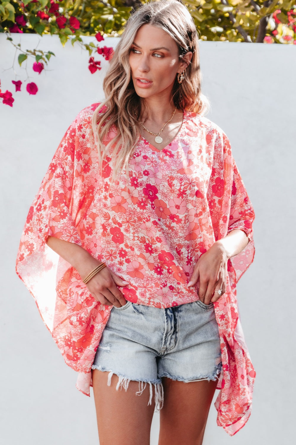 Floral V-Neck Three-Quarter Sleeve Blouse