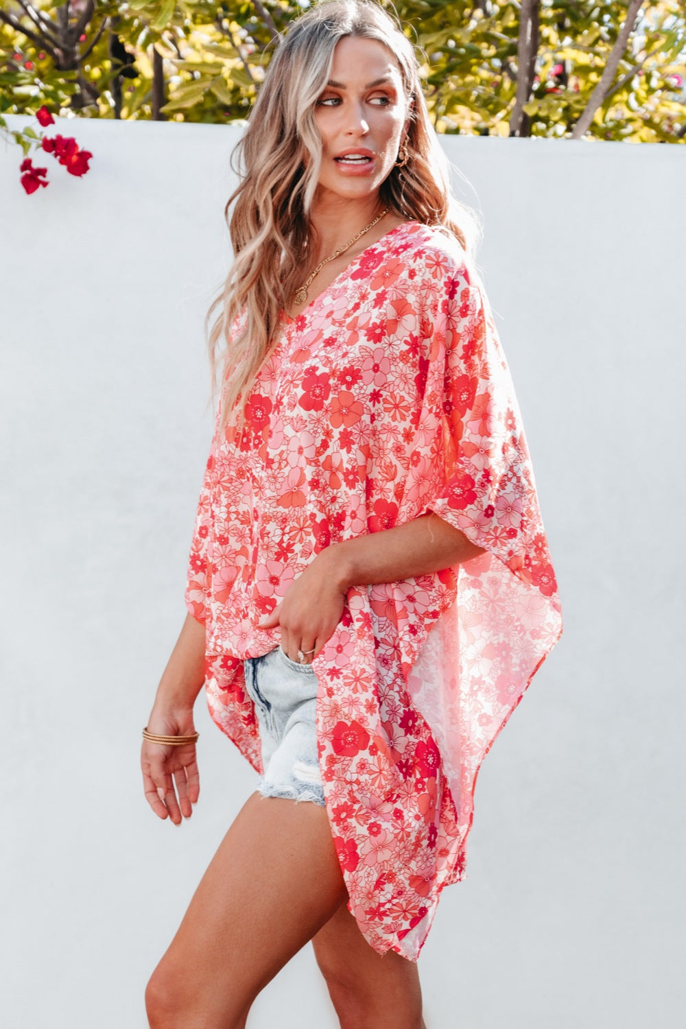 Floral V-Neck Three-Quarter Sleeve Blouse