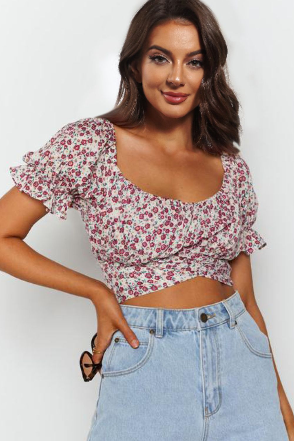 Flower Print Ruffle Trim Off-Shoulder Back Tie Blouse