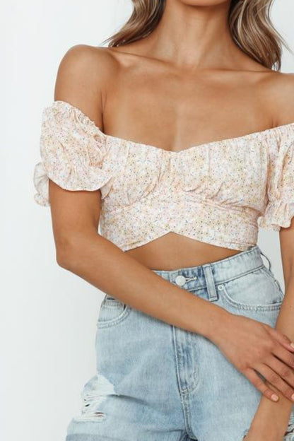 Flower Print Ruffle Trim Off-Shoulder Back Tie Blouse