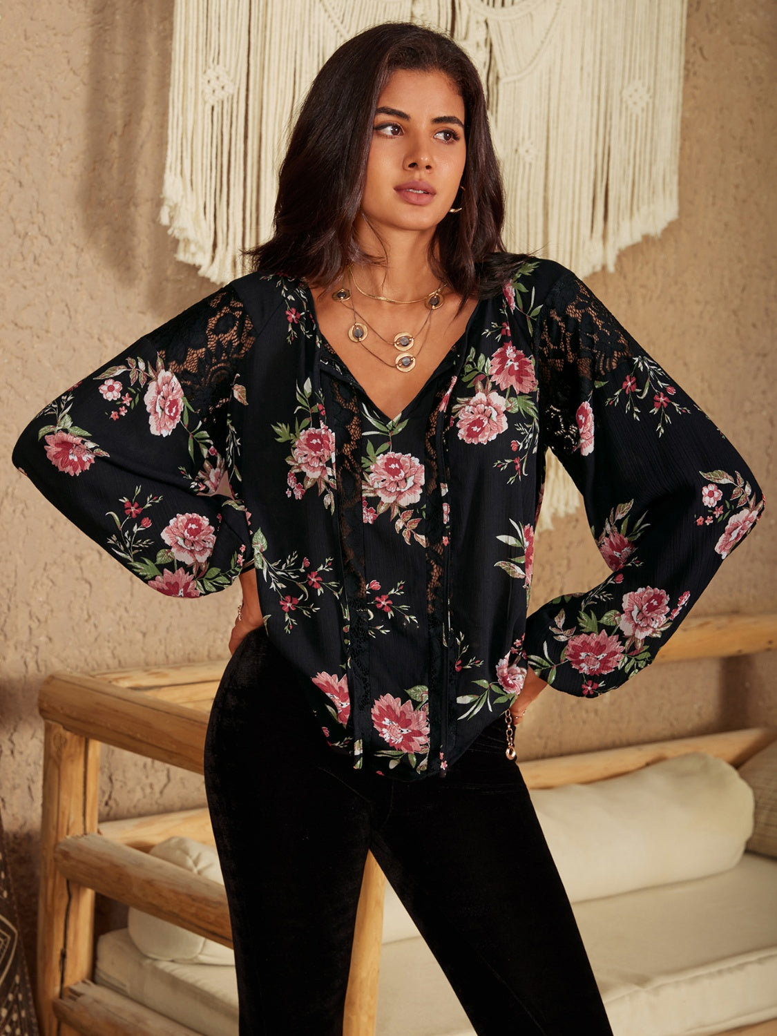 Flower Printed Tie Neck Long Sleeve Blouse