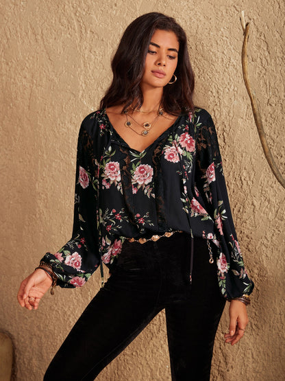 Flower Printed Tie Neck Long Sleeve Blouse