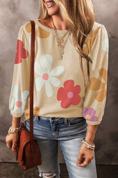 Flower Round Neck Long Sleeve Blouse