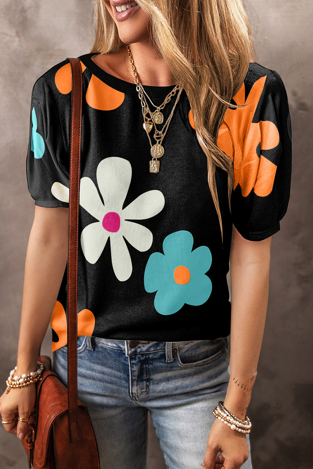 Flower Round Neck Short Sleeve Blouse