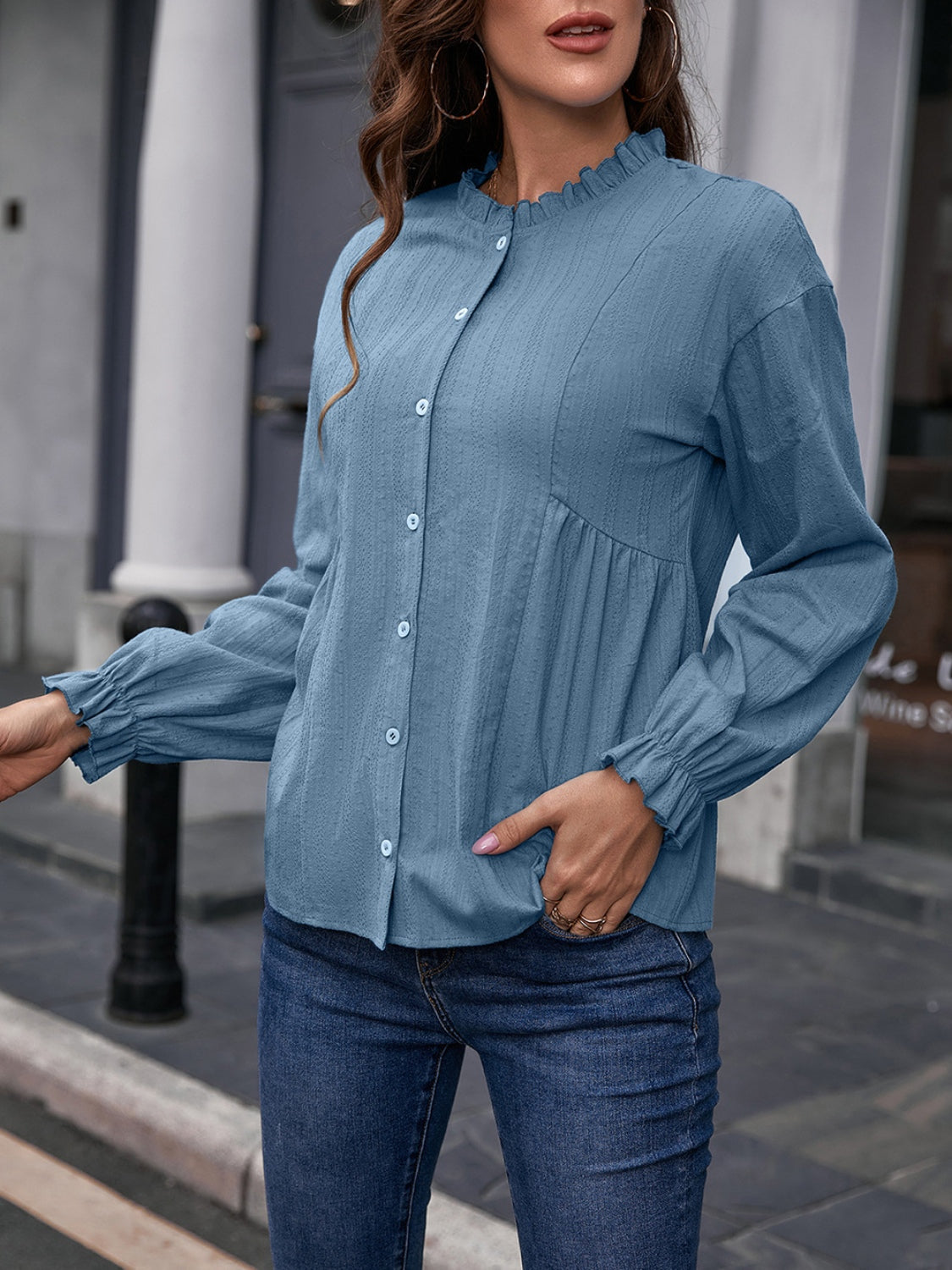 Frill Button Up Flounce Sleeve Blouse