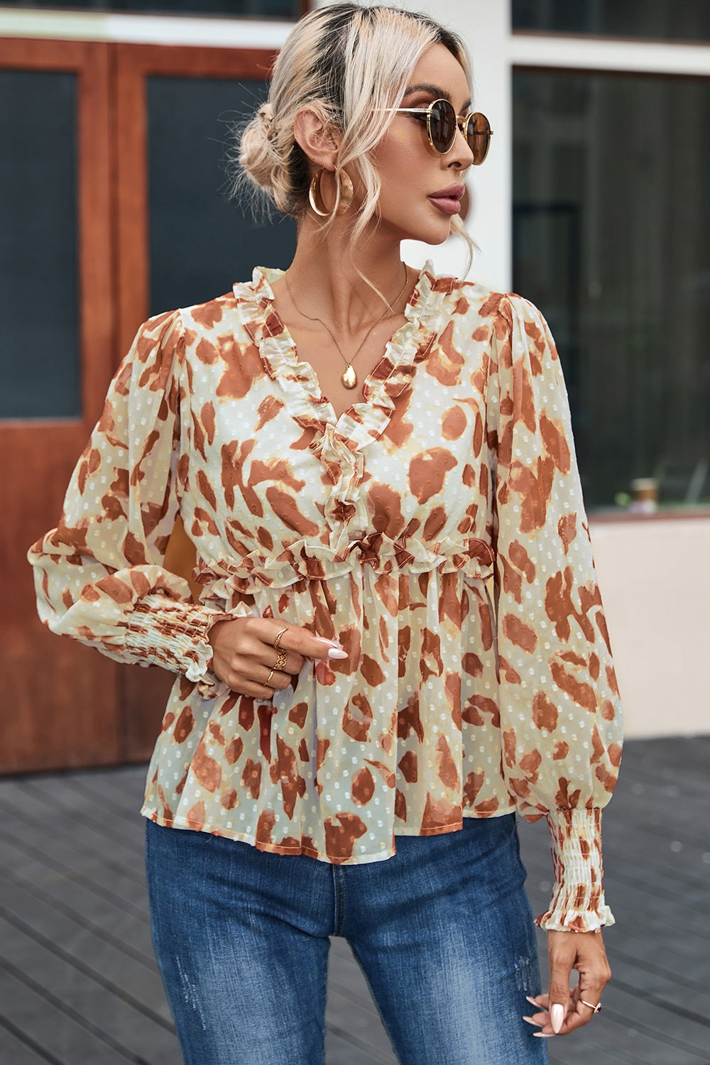 Frill Printed V-Neck Lantern Sleeve Blouse