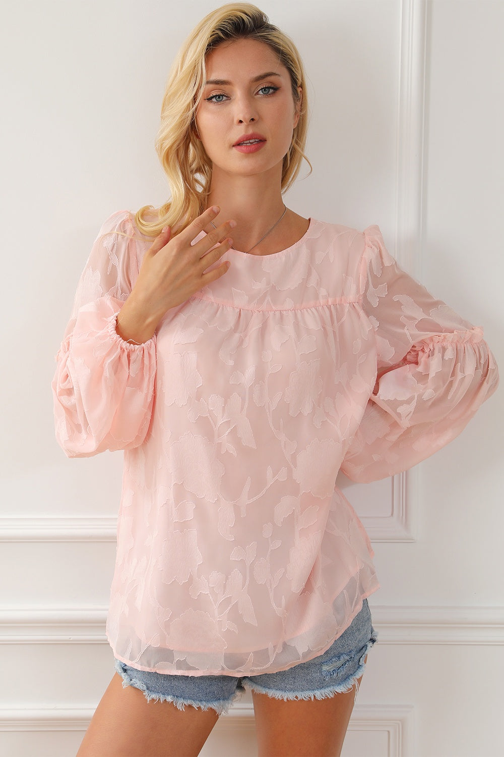 Frill Round Neck Balloon Sleeve Blouse