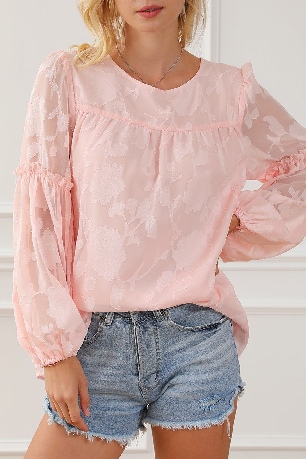 Frill Round Neck Balloon Sleeve Blouse