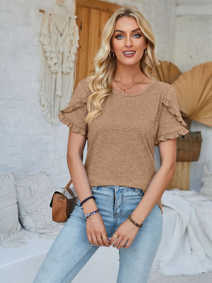 Frill Round Neck Petal Sleeve Blouse