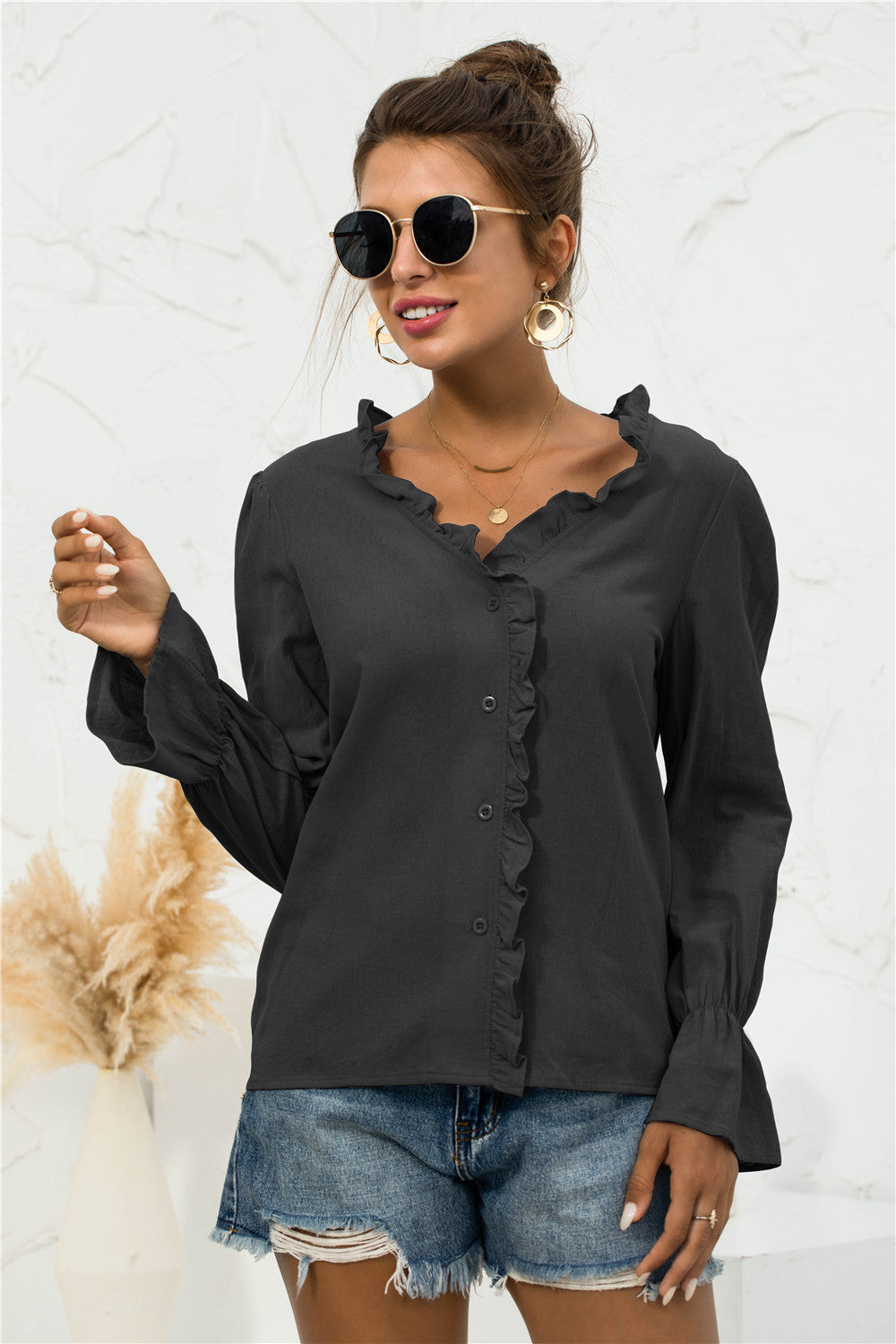 Frill Trim V-Neck Flounce Sleeve Shirt