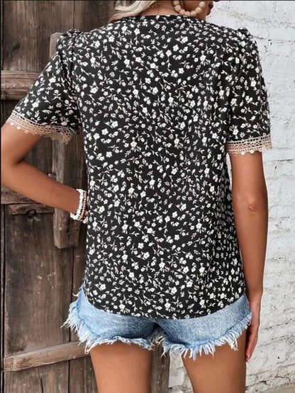 Full Size Printed V-Neck Short Sleeve Blouse