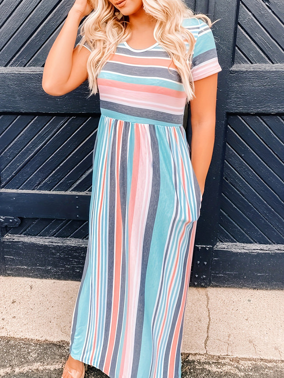 Full Size Striped Round Neck Short Sleeve Dress