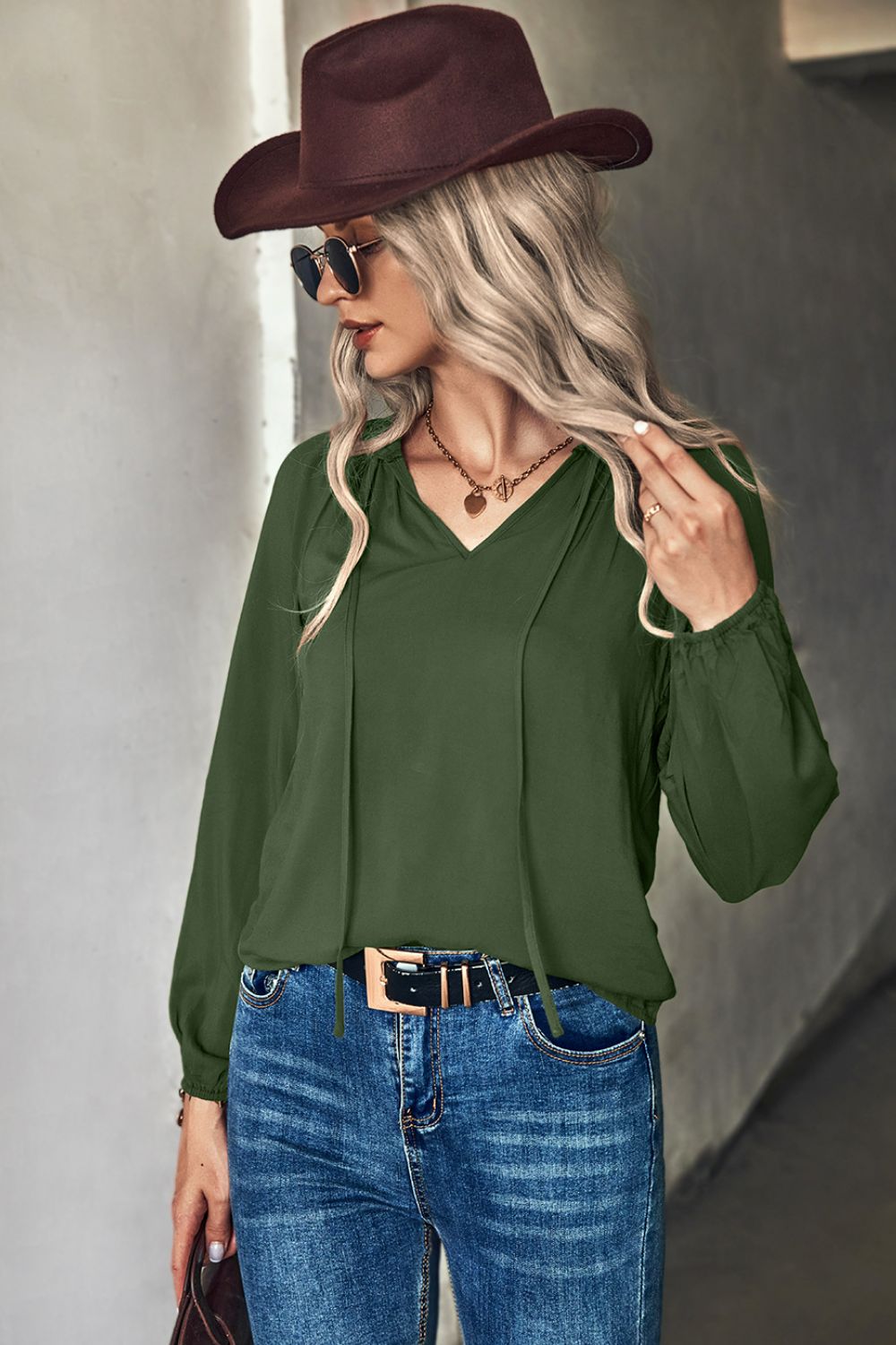 Gathered Detail Tie-Neck Blouse