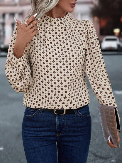 Geometric Mock Neck Long Sleeve Blouse