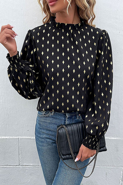 Geometric Print Frill Neck Lantern Sleeve Blouse